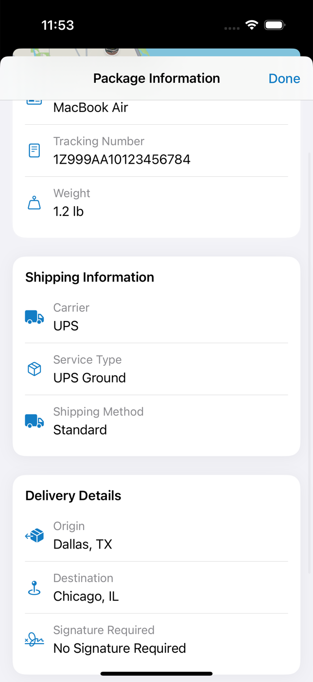 Package information and delivery details in the Shipments app