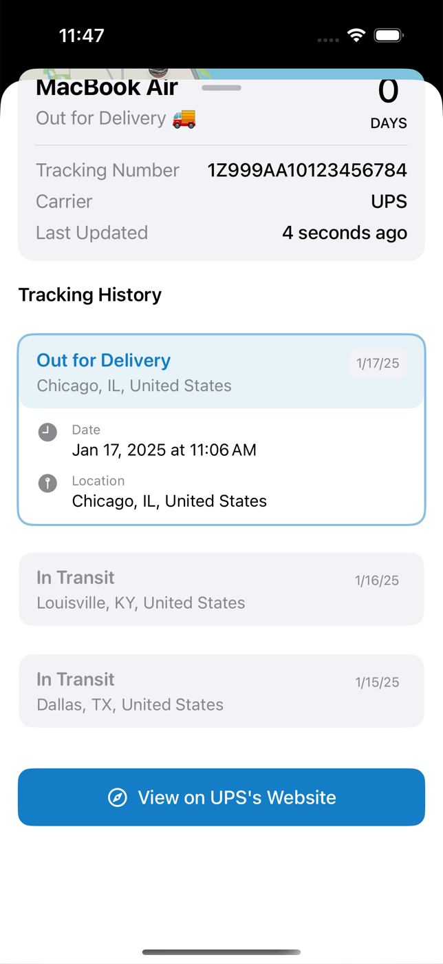 Detailed package delivery timeline in the Shipments app